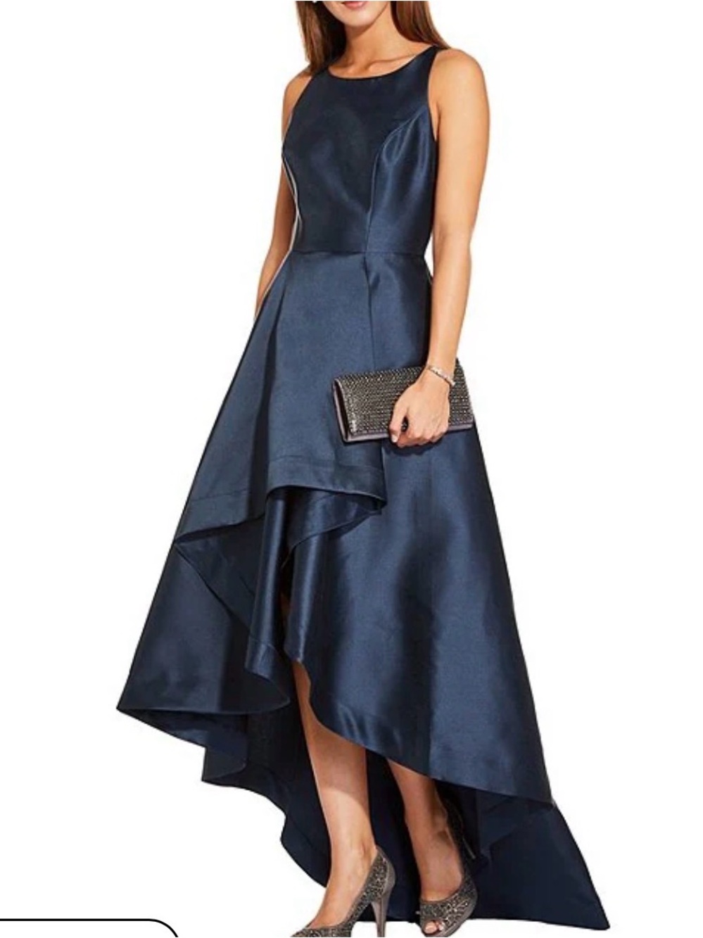 Adrianna Papell Crew Neck Cutaway Shoulder Sleeveless Mikado High Low Gown NWT